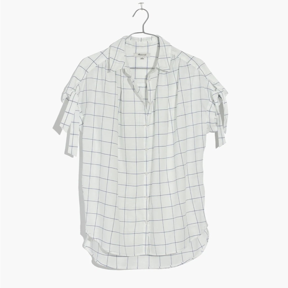 Madewell blue window pane plaid tie sleeve shirt